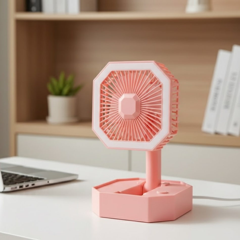 Ventilador Octagonal Portátil Plegable + Luz LED